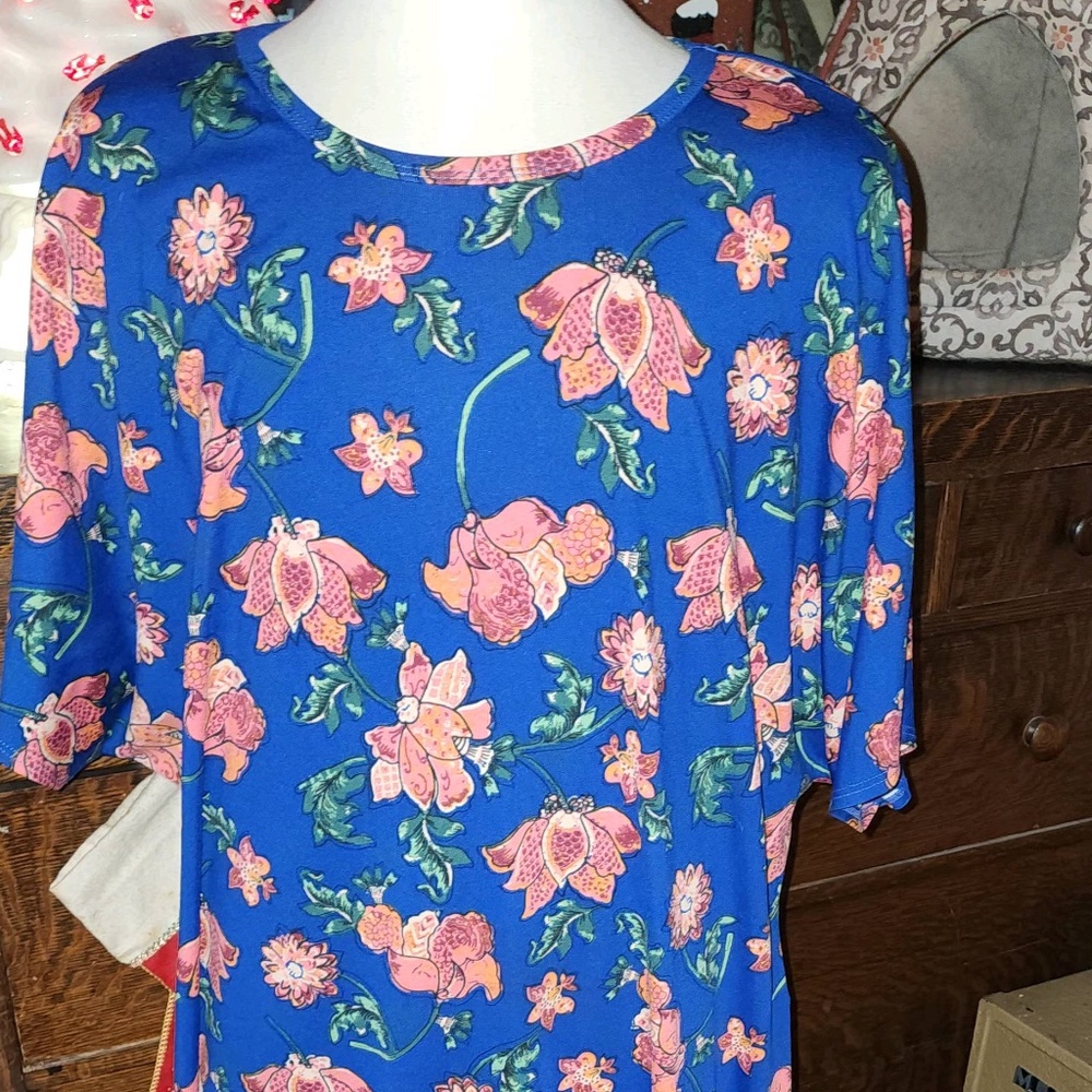 LuLaRoe Maria maxi dress, 2XL, blue w/ coral pink floral, 2X,